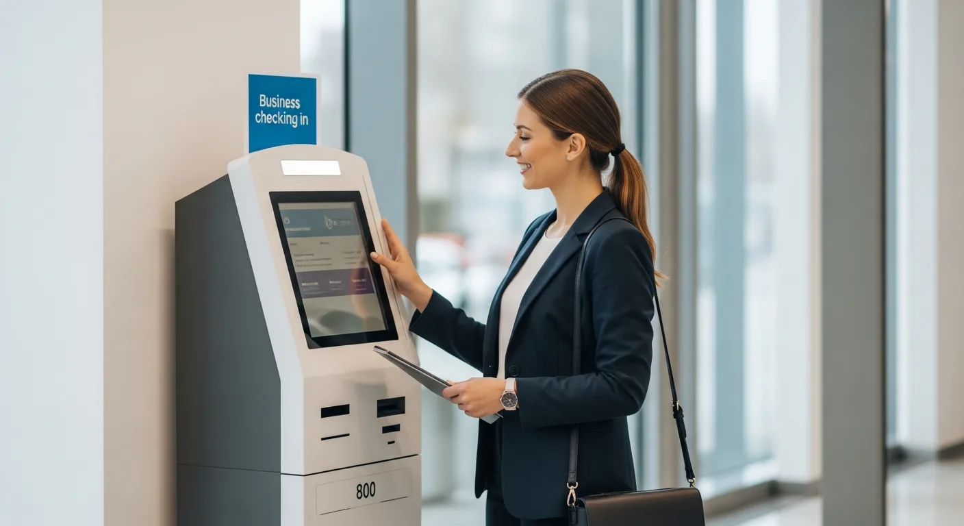 Voyageur utilisant une borne de check-in rapide dans un salon d'aéroport moderne et lumineux