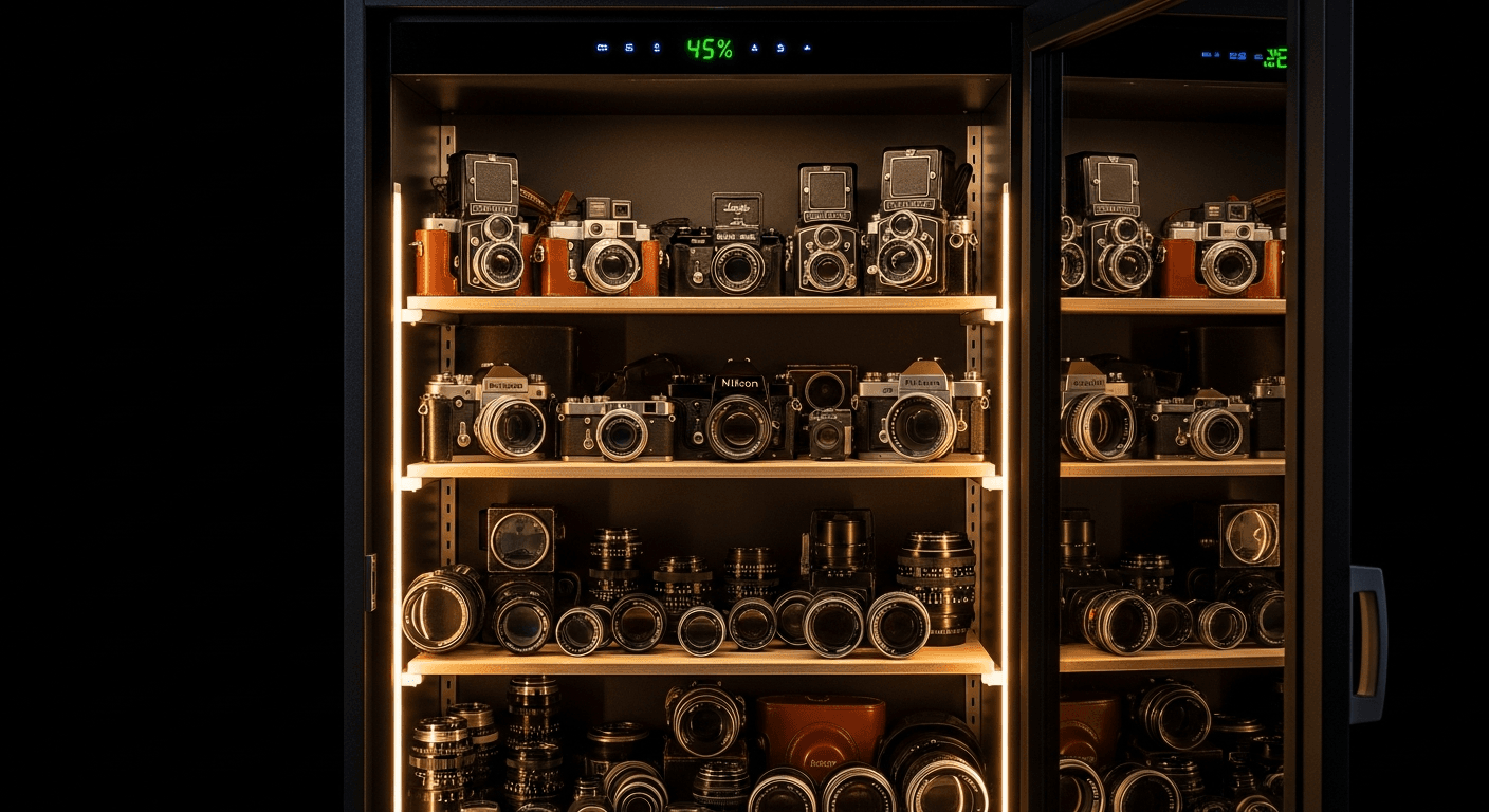 Armoire dessicante professionnelle remplie d'appareils photo et d'objectifs vintage, affichage numérique de l'humidité visible