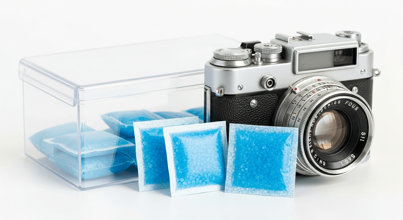 Sachets de gel de silice bleu posés à côté d'un objectif vintage dans une boîte hermétique transparente