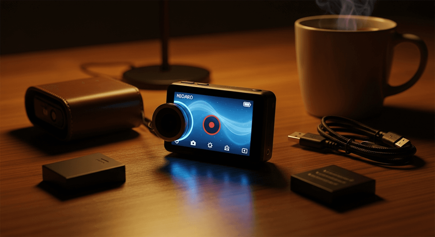 DJI Osmo Pocket 3 avec son écran OLED rotatif en mode selfie, affichant l'interface de tournage