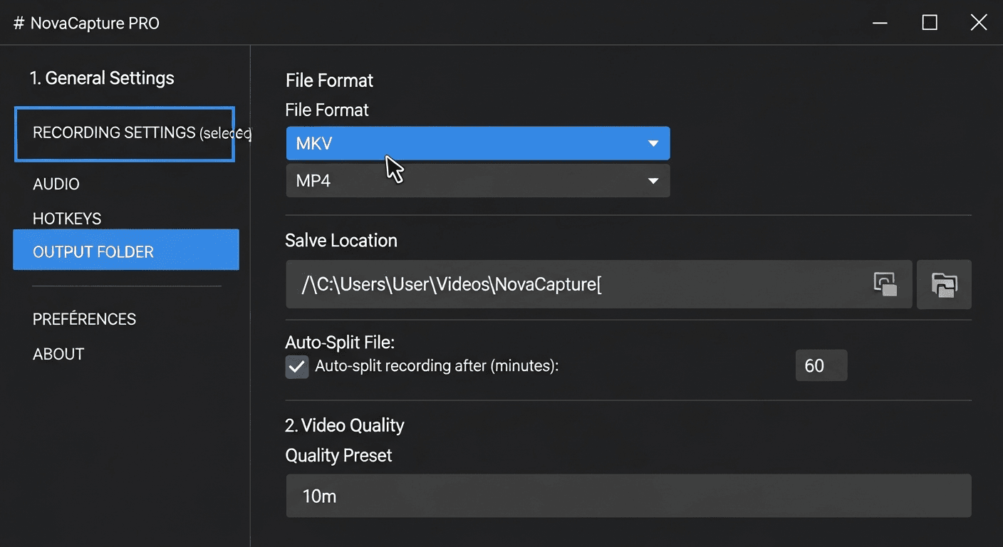 Interface des paramètres d'enregistrement OBS Studio avec réglages 1080p60