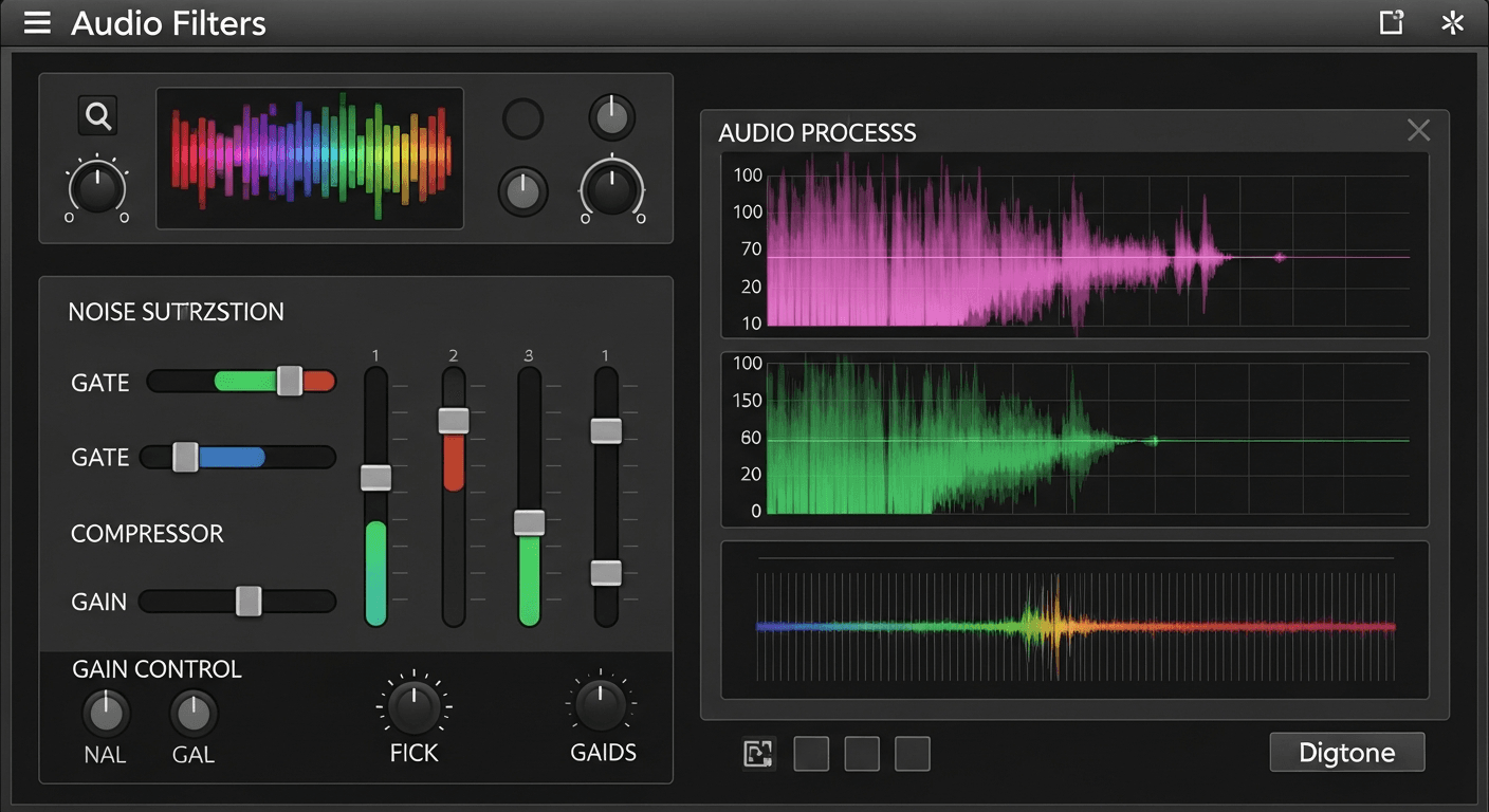 Panneau des filtres audio OBS avec RNNoise, Noise Gate et Compresseur configurés