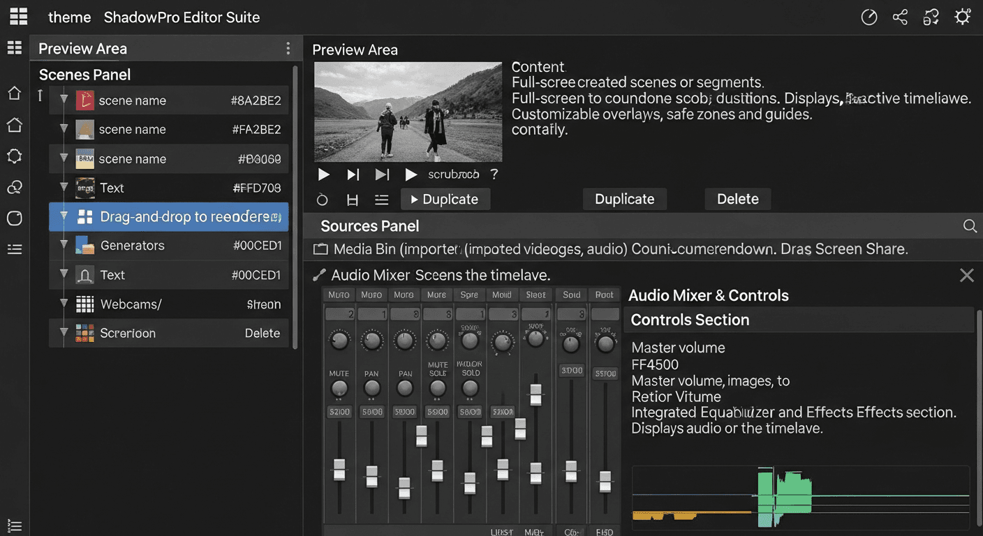 Interface OBS Studio avec les 5 zones principales annotées