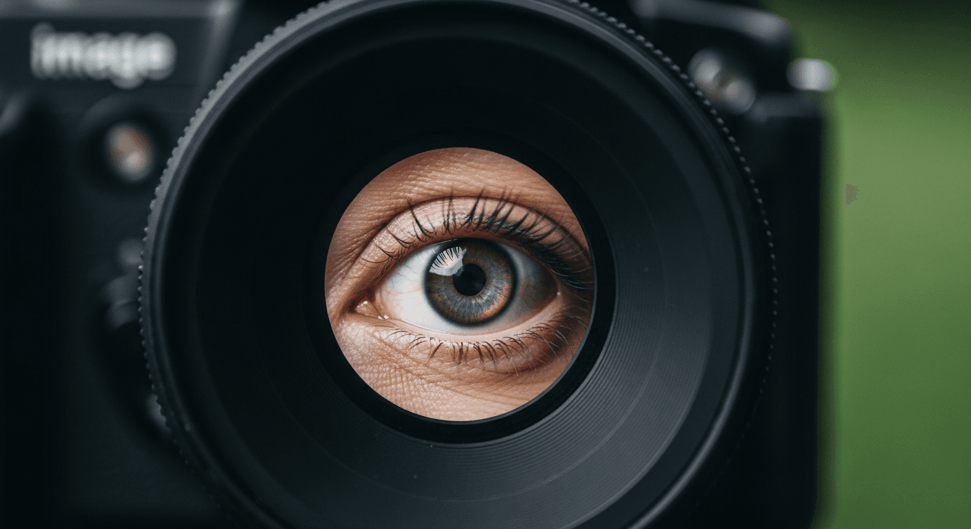 Objectif de caméra avec mise au point précise sur un oeil humain, bokeh vert en arrière-plan, macro