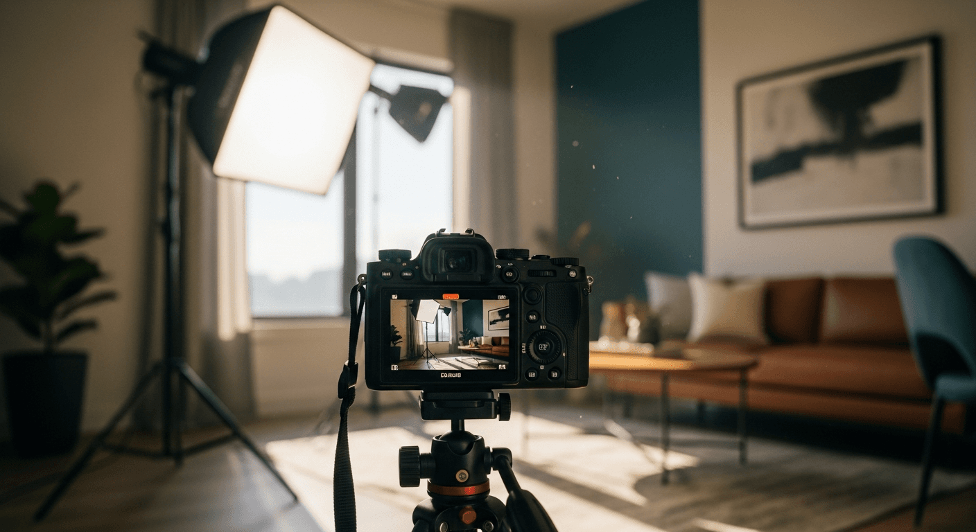 Camera compacte sur trépied filmant une scène créative en appartement, lumière naturelle cinematique