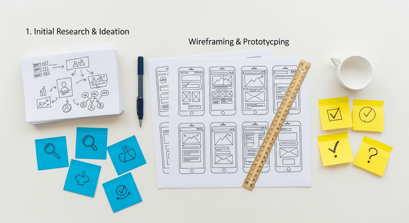 Processus UX design avec wireframes et post-its sur un bureau