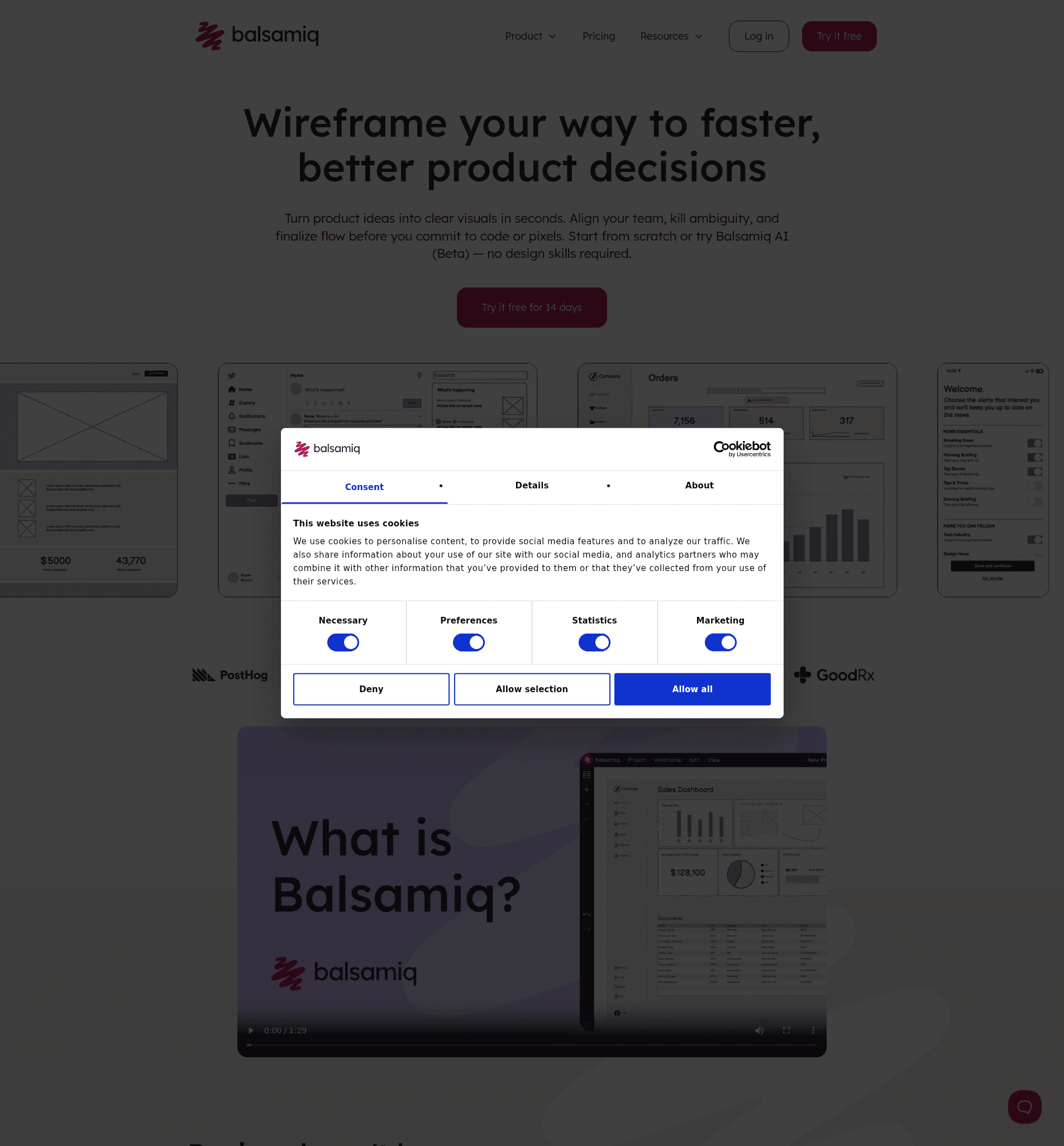 Page d'accueil de Balsamiq, outil de wireframing spécialisé en basse fidélité