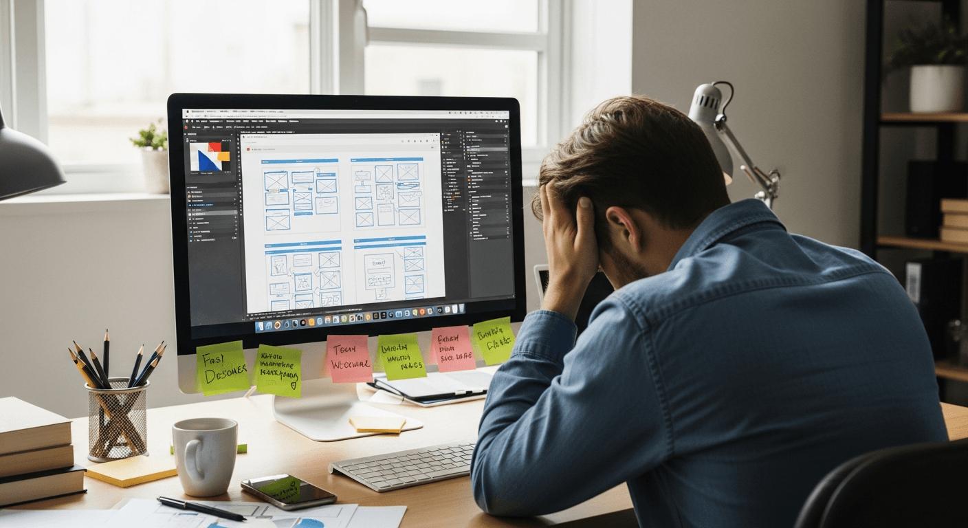 Designer frustré devant un écran avec un wireframe surchargé et trop complexe
