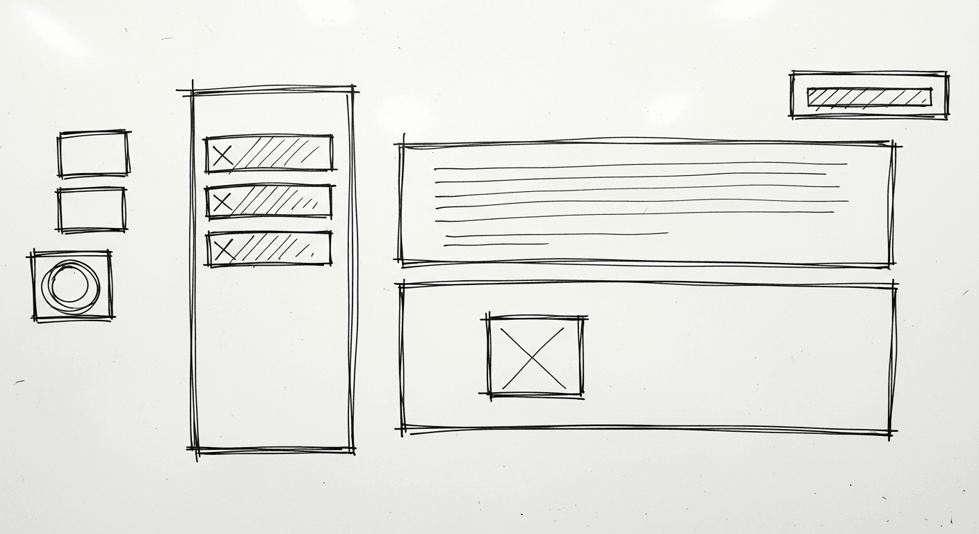 Tableau blanc avec un wireframe basse fidélité dessiné au feutre, boîtes et zones grises