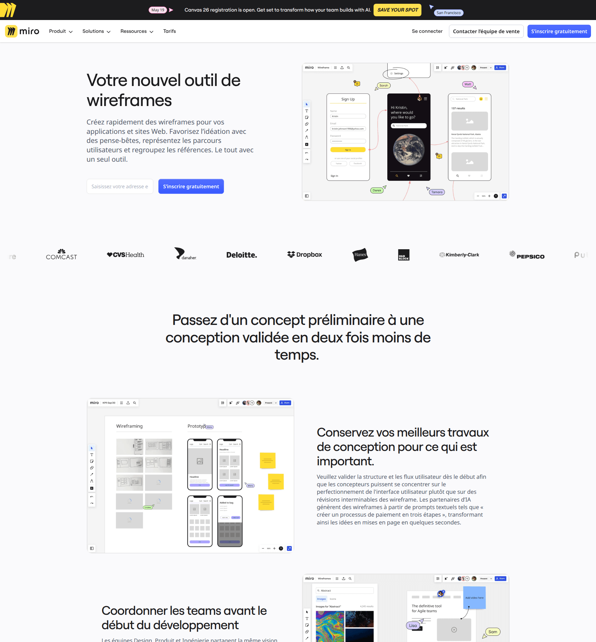 Page wireframe de Miro avec templates de tableaux blancs collaboratifs