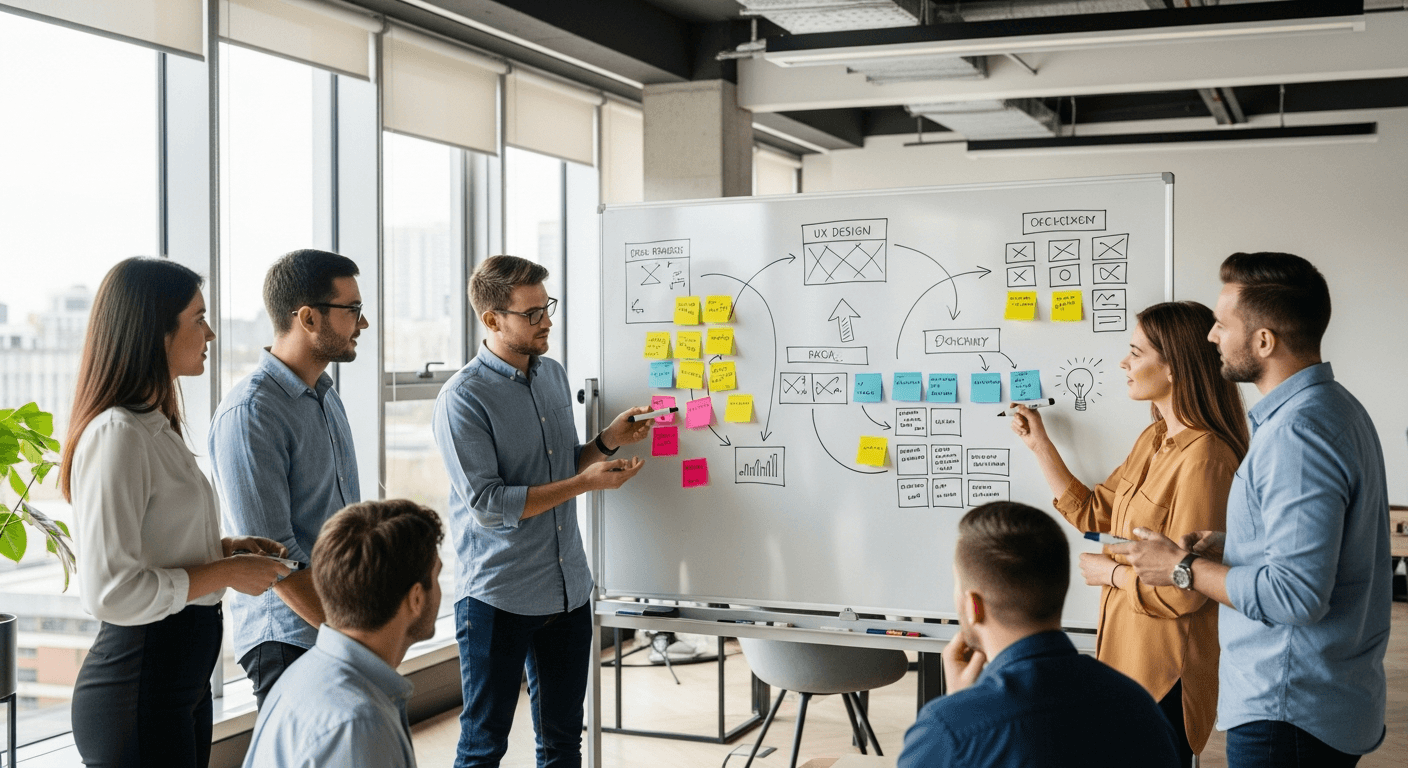 Processus UX design en 5 étapes sur tableau blanc avec post-its et flèches