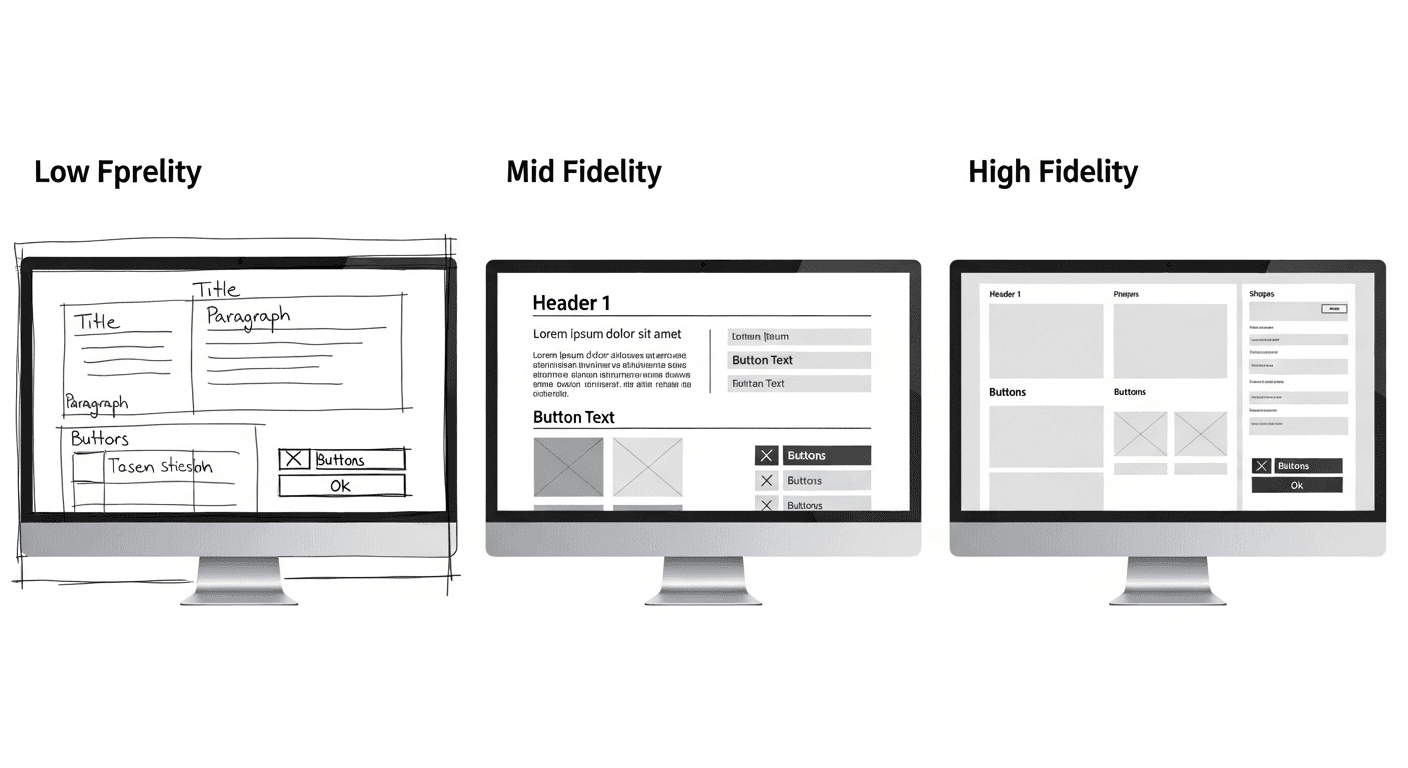 Trois écrans côte à côte montrant un wireframe basse fidélité, moyenne fidélité et haute fidélité