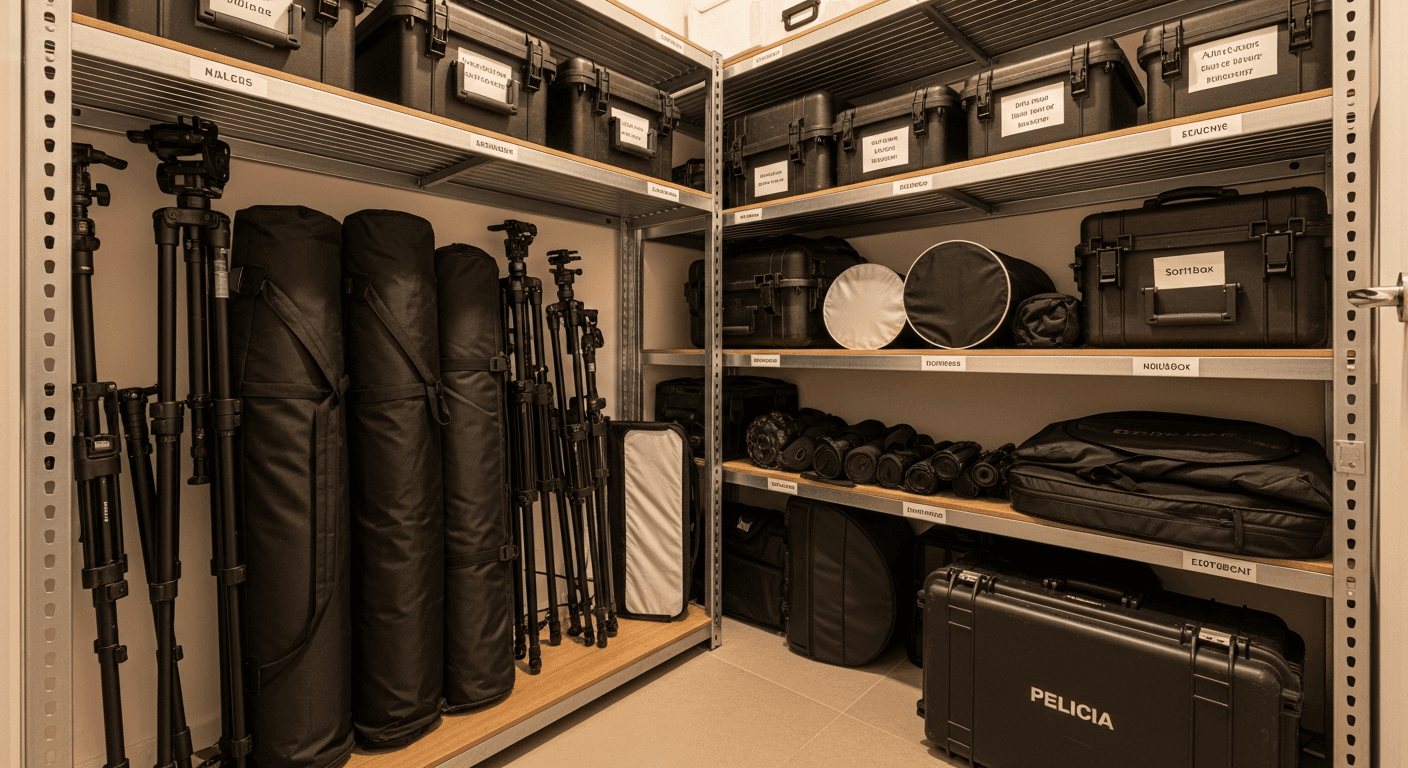 Organisation d'un garde-meuble avec matériel photo et vidéo rangé sur étagères