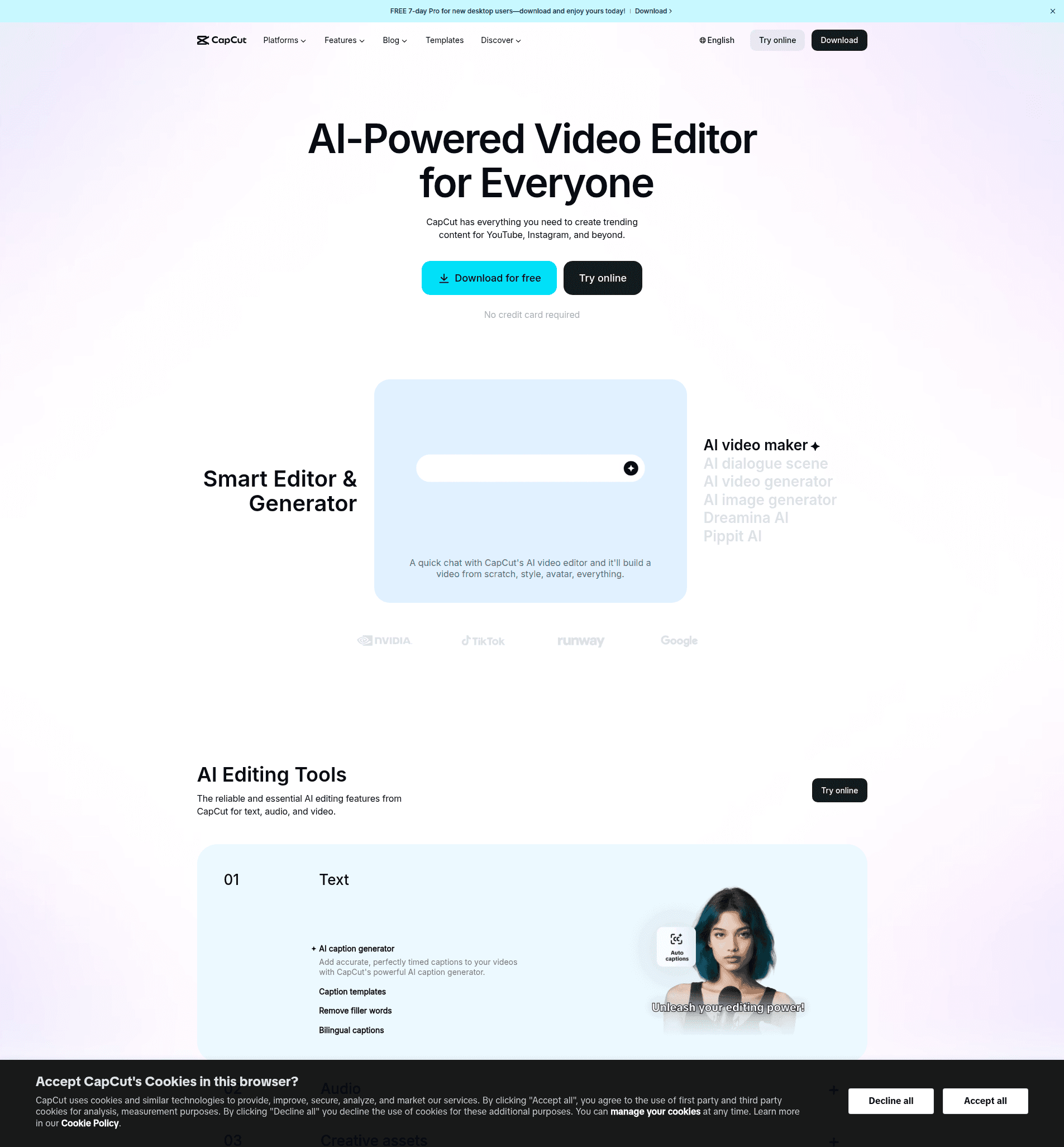 Page d'accueil de CapCut, l'outil de montage vidéo pour les créateurs de contenu