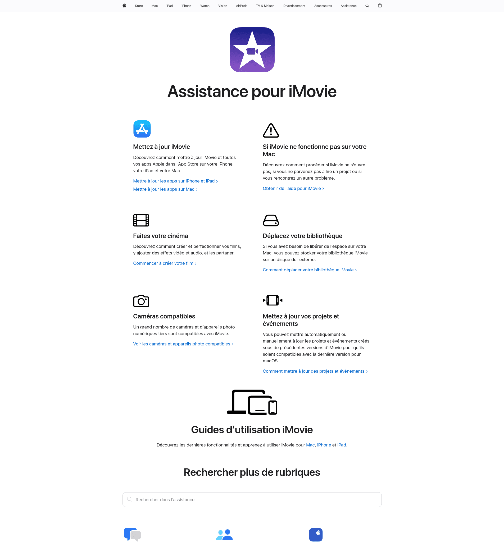 Page officielle d'iMovie sur le support Apple