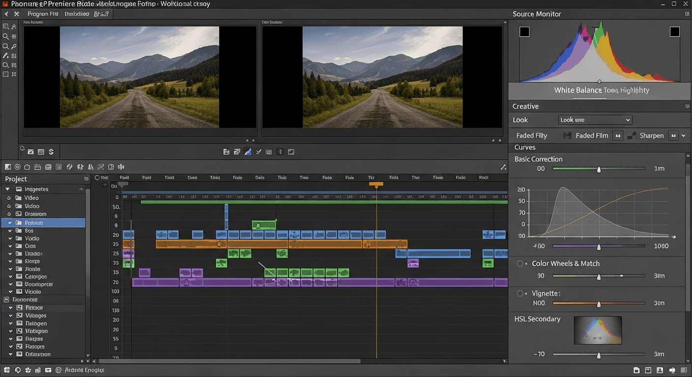 Interface Adobe Premiere Pro avec timeline et panneau de montage
