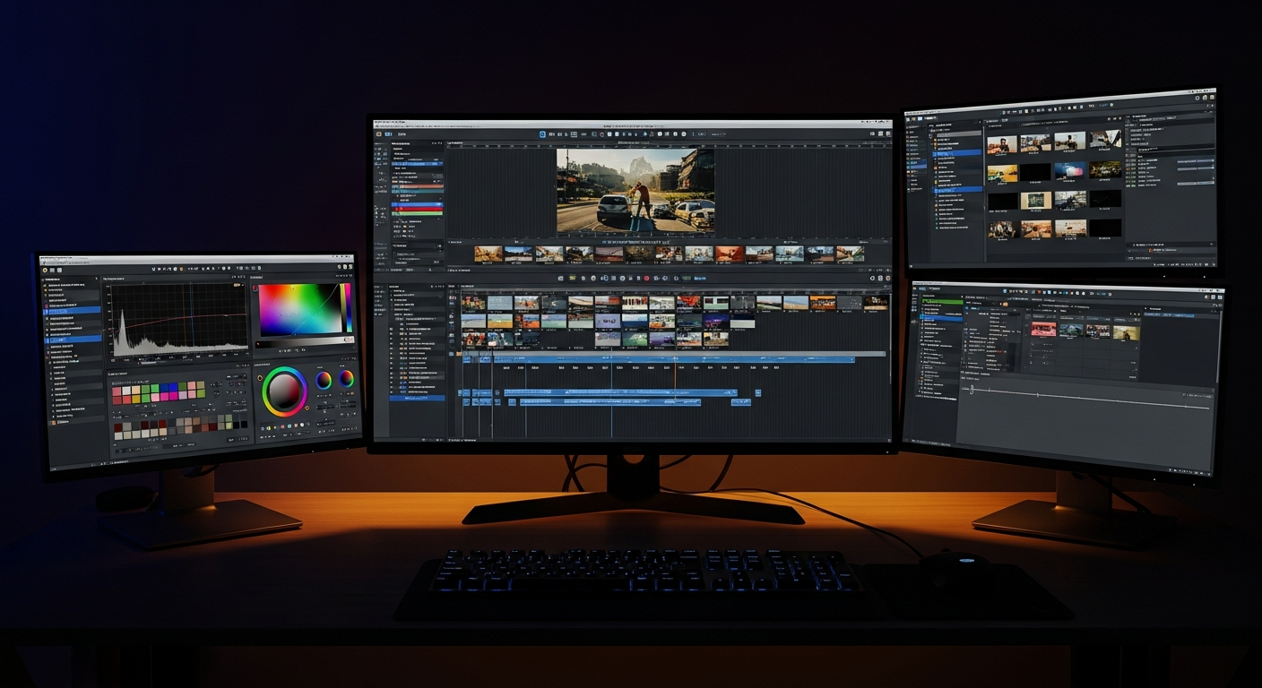 Workspace de montage vidéo professionnel avec timeline et color grading sur plusieurs écrans